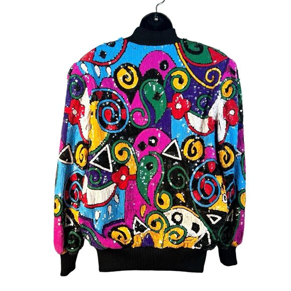 vtg 80s art to wear glam rock all‎ over sequin silk bomber jacket sz M/L - Picture 1 of 13